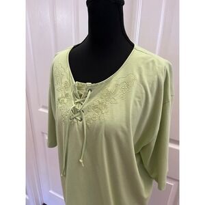Boho Lace Up Embroidered Top Womens 2XL Green Cottagecore Short Sleeve Shirt